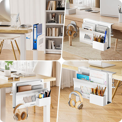 Litwaro Desk Side Storage, Hanging Organizer with Magnetic Pen Holder, Laptop Holder for Standing Desk, White