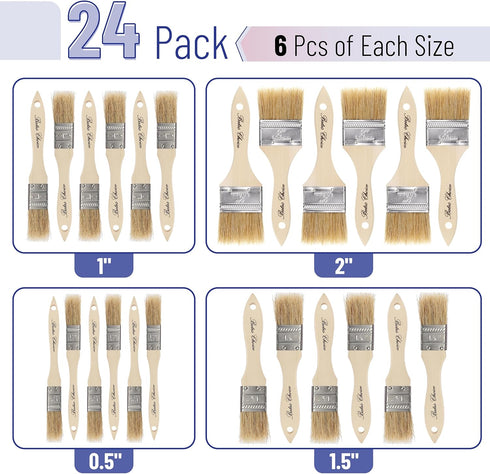 Bates- Chip Paint Brushes - Assorted Sizes, 24 Pack Natural Bristle Painting Brushes Set