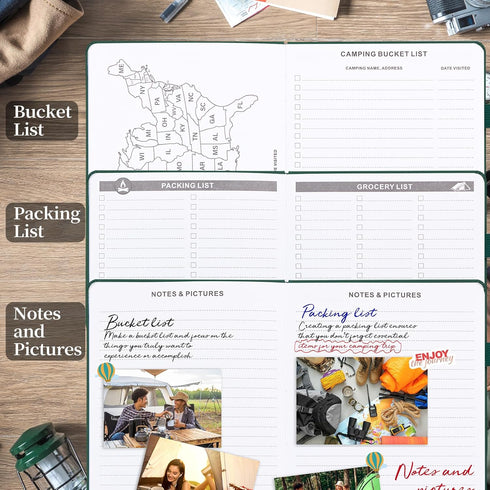 JUBTIC Camping Journal and RV Travel Log Book, A5 Adventure Journal for 25 Camping, Hiking, Family Travel
