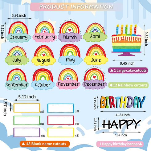 Rainbow Happy Birthday Bulletin Board Rainbow Holiday Birthday Board Sign Let's Celebrate Happy Birthday Rainbow Cloud Accents Cutouts for Calendars Festival Bulletin Boards Wall Classrooms Decor
