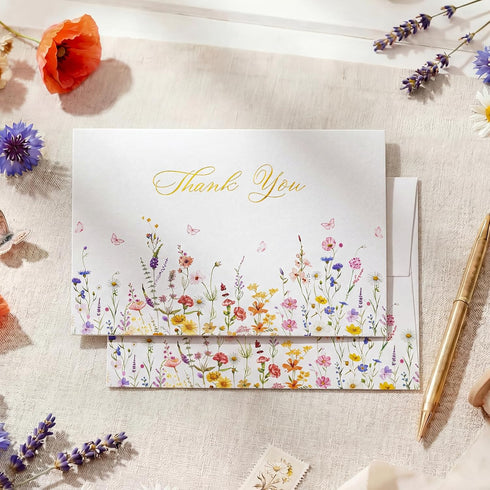 50 4x6 300gsm Crisky Floral Wildflower Thank You Cards with Envelopes, Sealing Matching Stickers, Blank Cards