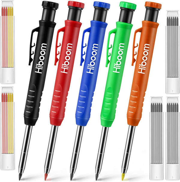 Hiboom 5 Pcs Mechanical Carpenter Pencil with 30 Pcs Refills, Needle Nose Tip Hole Marker for Woodworking