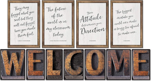 Schoolgirl Style Rustic Welcome Bulletin Board Set—Farmhouse Welcome Sign Letters, 11 pc Industrial Chic Decor