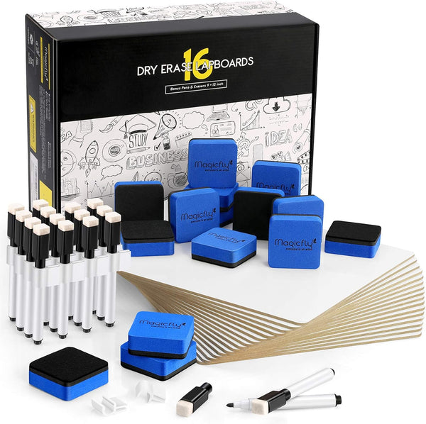 Magicfly Double-Sided Small White Board, 9 x 12 Inches, Bulk Pack of 16 Mini Dry Erase Lap Boards with 16 Pens, Erasers