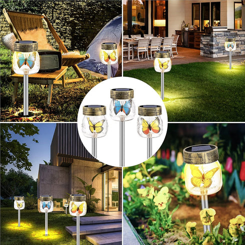 SUNWIND 3 Pack Solar Garden Lights Outdoor Decorative - Decorative Butterfly Glass Jar Lights for Pathway, Lawn, Yard