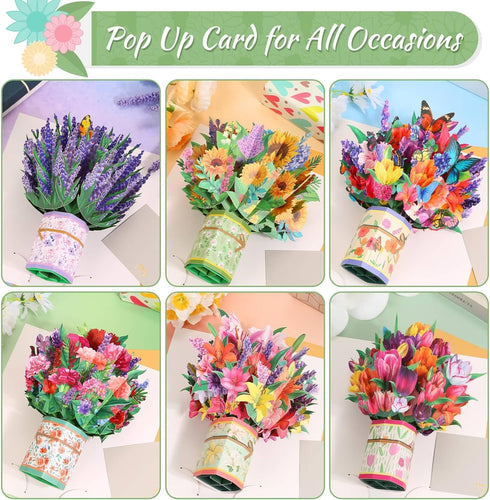 6 Pack 3D Paper Flower Pop Up Cards, Flower Bouquet Card Popup Greeting Cards for Mother's Day, Graduation