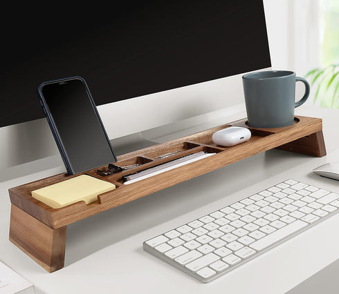 Natural Wood Desk Organizer - Multi-Compartment Wooden Caddy for Home, Office, Cubicle Accessories - Pencil Storage Tray