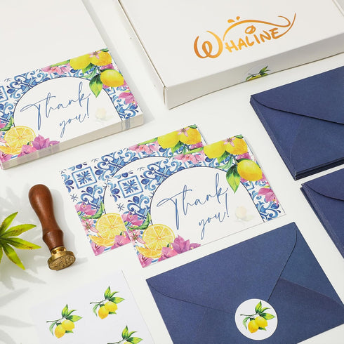 50 Summer 4 6 Inch Whaline Pcs Mediterranean Lemon Thank You Cards Boxed Blue Tile Flower Greeting Card with Envelope