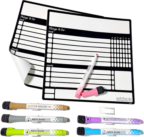 Reusable Peel and Stick Whiteboard for Adult and Teen Chores, 2 Pack with Fine Tip Pens