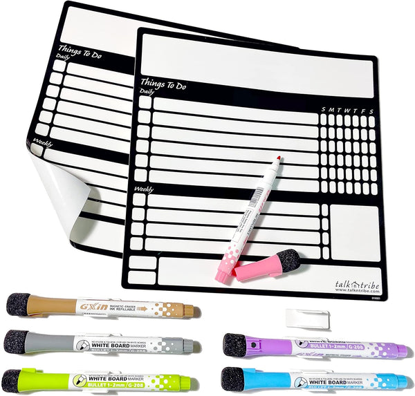 Reusable Peel and Stick Whiteboard for Adult and Teen Chores, 2 Pack with Fine Tip Pens