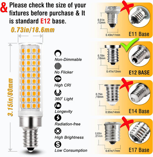 ALIDE E12 100 Watt Equivalent LED Candelabra Bulbs, 2700K Warm White, 1200LM T6 E12 10W, Non-Dimmable, 5 Pack for