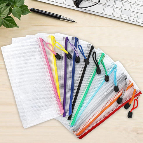 Hedume 50 Pack 10 Colors Zipper Mesh Pouch, Waterproof Plastic Zip File Bags for Travel and Office Supplies