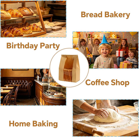 13.8x8.3x3.5 (50PCS) Bread Bags for Homemade Bread With Tin Tie Tab and Clear Front Window, in Large Kraft Bakery Bags