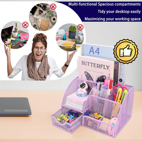 Mesh Desk Organizer with 6 Compartments and 1 Drawer, Multi-Functional Caddy for Home Office Decor