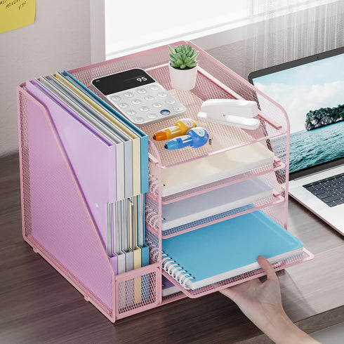 Marbrasse 5-Tier Paper Letter Tray Organizer, Mesh File Organizer for Desk, Pink