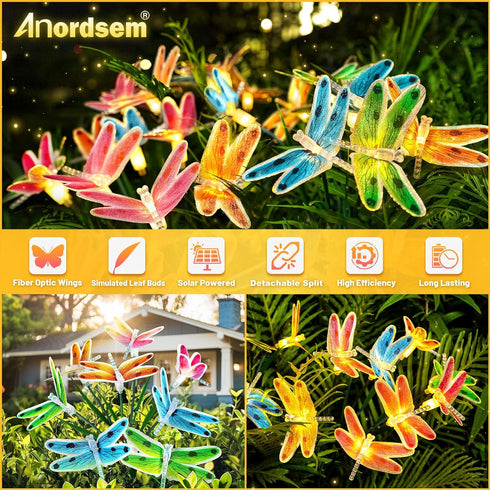 Solar Dragonfly Fairy Lights, 2 Pack Outdoor Garden Decor, Newest Solar Swinging Firefly Animal Lights for Lawn