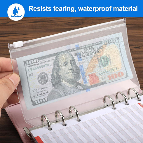 KTRIO 16PCS A6 Binder Pockets, Clear Zipper Pouch Folders, 6 Holes Cash Envelopes for Budgeting, Waterproof PVC Bags