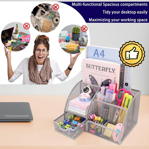 Boutilon Mesh Desk Organizer with 6 Compartments and 1 Drawer - Multi-Functional Caddy Pen Holder for Home Office
