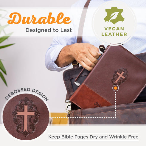 Christian Art Gifts Men's Classic Bible Cover – Cross John 3:16, Brown Faux Leather, Large