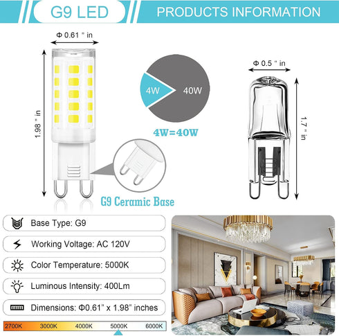 G9 Bulb T4 Bulbs 5000K 4W (40W G9 120V 360Beam Not-Dimmable 6 Pack winshine LED Chandelier Light Daylight, Halogen