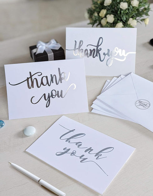 T&M Quality Designs LLC 100 4 4x6 Inch Thank You Cards in White with Envelopes & Stickers - Elegant Designs Bulk Notes