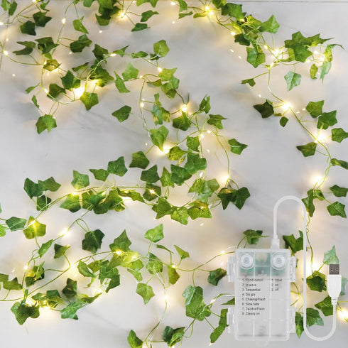 YOUNGAR Ivy Vines with Fairy Lights,Leaf String Warm White Lights Battery/USB Operated,23FT