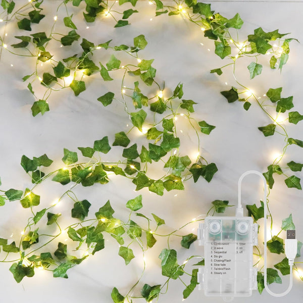 YOUNGAR Ivy Vines with Fairy Lights,Leaf String Warm White Lights Battery/USB Operated,23FT