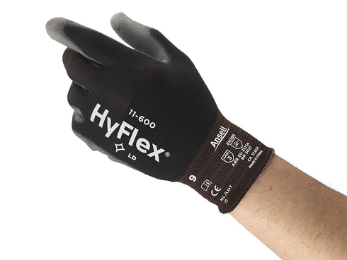 HyFlex 11-600 Multi-Purpose Light Duty Industrial Gloves w/Palm Coating for Metal Fabrication, Machinery, Automotive - Size 9, Black (1 Pair)