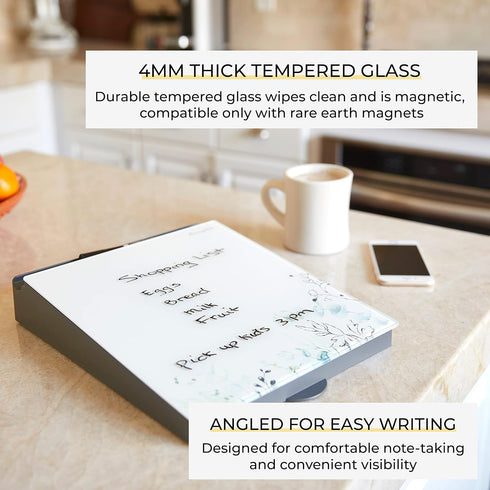 ECR4Kids MessageStor Dry-Erase Glass Board Memo Station, Desk Organizer, Botanical