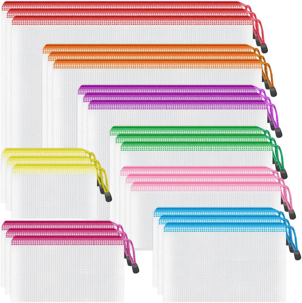 Smarpau 24pcs Mesh Zipper Pouch, 8 Sizes 8 Colors Waterproof Document Bags for Organizing