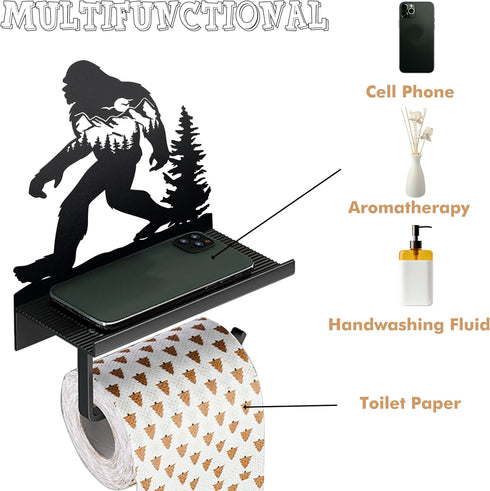 Ecqizer Bigfoot Sasquatch Metal Toilet Paper Holder with Shelf, Bigfoot Inspired Design Gifts Rustic Toilet Paper