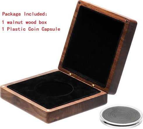 COSISO Single Walnut Wood Challenge Coin Presentation Display Box Storage Case and Plastic Coin Capsules