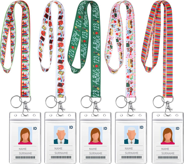Outus 5 Pieces Teacher Lanyard Keychain with ID Badge Holder for Women, Novelty Education Themed Lanyards