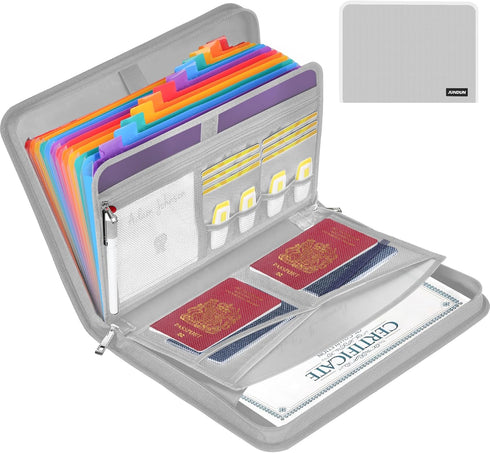 JUNDUN Accordion File Organizer, 12 Pocket Expanding File Folder with Zipper & Labels, Silver