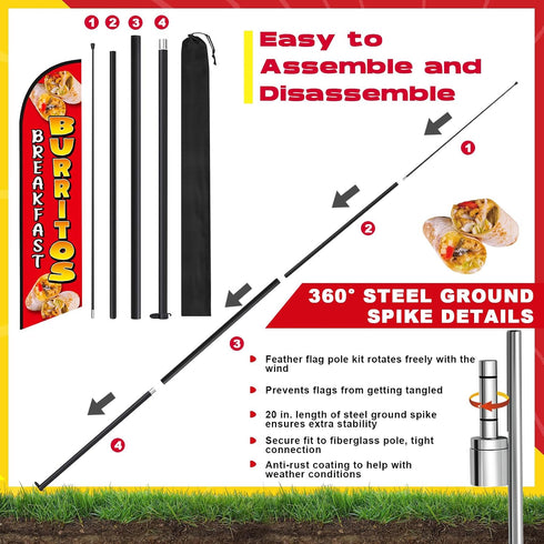 HunnmingRe 15 ft Breakfast Burritos Feather Flag Kit Breakfast Burritos Sign Mexican Food Swooper Flag Banner