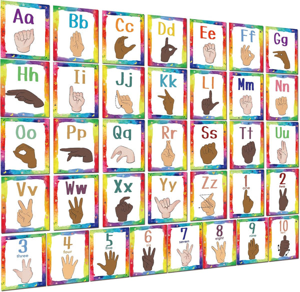 Sign Language Bulletin Board Letters - 36 ASL Alphabet Learning Cards Set for Classroom Decor - Colorful ABC Poster