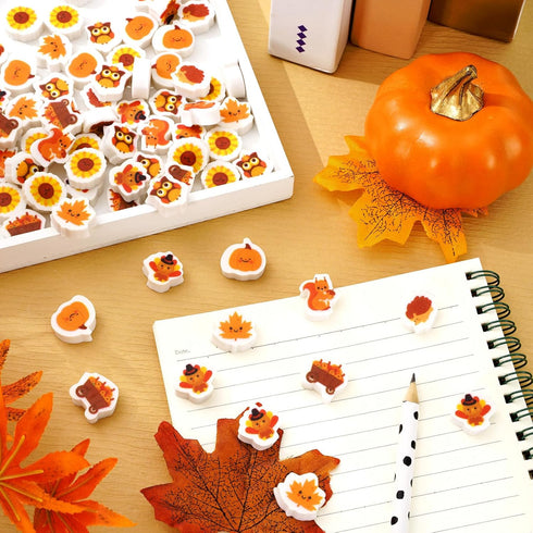 Whaline 120Pcs Fall Mini Erasers - Cute Pumpkin, Turkey, Maple, Sunflower for Autumn Party Favors