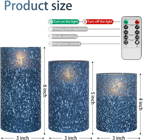 Set 3 Blue Flameless Candles with Remote and Timer, Real Wax Battery Operated Candles with Flickering Flame, Glass LED