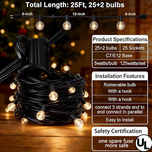 25Ft G40 27 Bulbs, E12 5W Abeja Outdoor Patio String Lights, Outdoor Globe String Lights with Clear Hanging Light