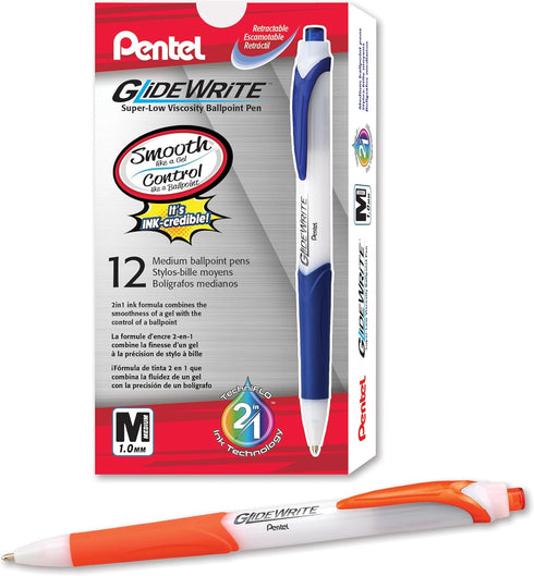 Pentel GlideWrite Ballpoint Pen with TechniFlo Ink, 1.0mm Medium Line, Orange Ink, Box of 12 (BX910-F)