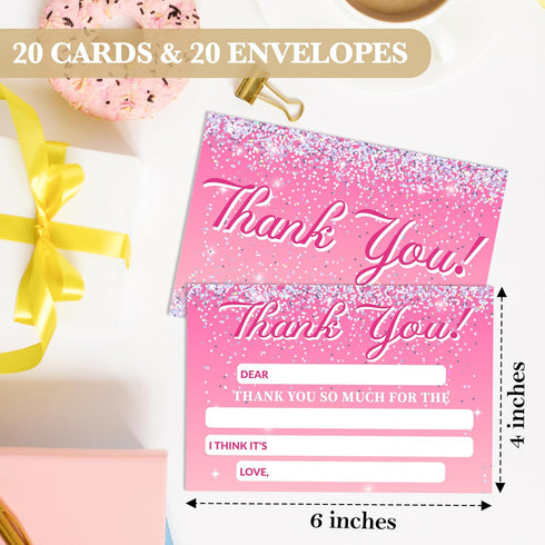 HMJKL 20 Pack (15) Pink Glitter Thank You Cards Fill In The Blank, Rose Gold Thank You Notes For Kids, Thank You