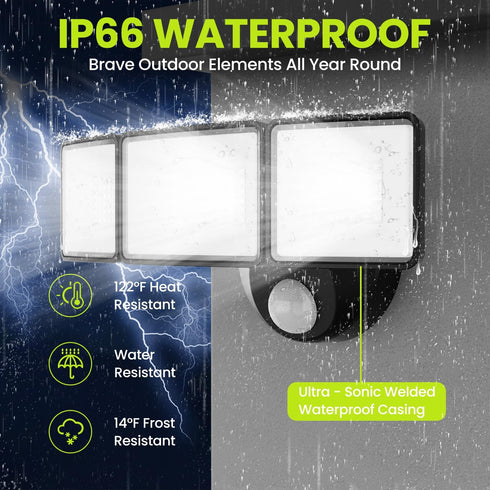 7500LM 3 IP66 38W LED Security Light Motion Sensor Outdoor Lights, Adjustable Head Hardwired LED Flood Lights Outdoor