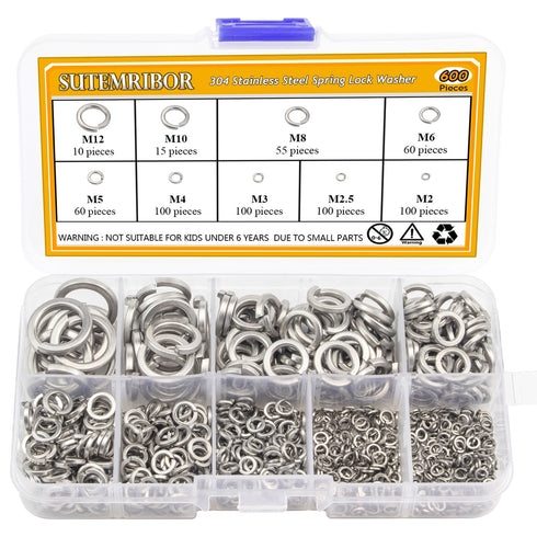 304 Stainless Steel Spring Lock Washer Assortment Set, 600 Pieces, 9 Sizes - M2 M2.5 M3 M4 M5 M6 M8 M10 M12