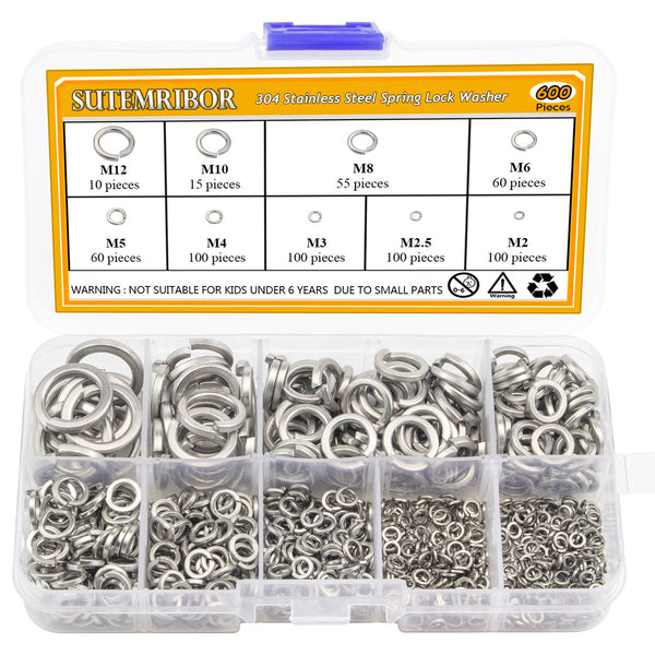 304 Stainless Steel Spring Lock Washer Assortment Set, 600 Pieces, 9 Sizes - M2 M2.5 M3 M4 M5 M6 M8 M10 M12