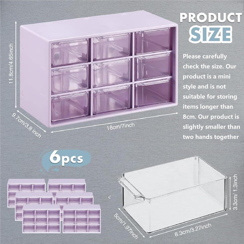 Mini Drawer Organizer 6 Pcs with 9 Drawers, Plastic Desktop Storage Box, Wall Mounted, Purple for Office Home Room