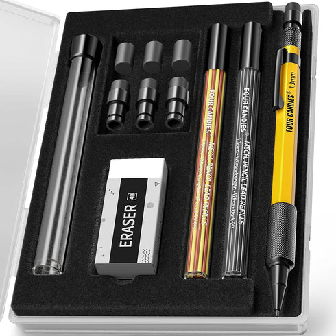Four Candies 1.3mm Mechanical Pencil Set with Case, Metal Heavy Duty Outdoor Carpenter Pencil with 24 Refills