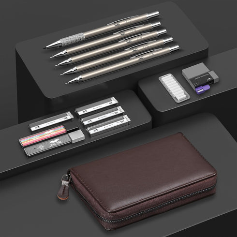 Mr. Pen Metal Mechanical Pencil Set - 5 Sizes in Leather Case for Sketching, Drafting, Mechanical Pencils
