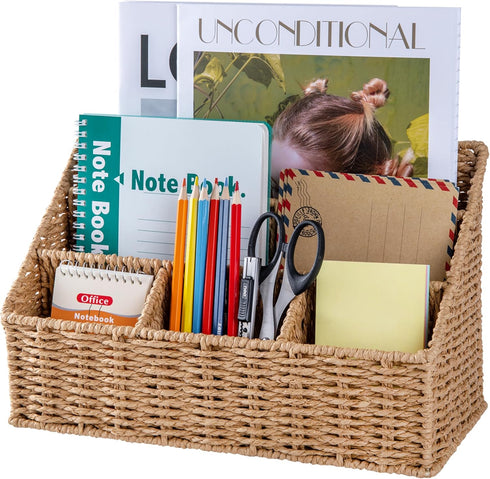 Rattan Desk Organizer, 5 Slot Mail Holder, Boho Office Supplies, Wicker Desk Accessories, Magazine Holder