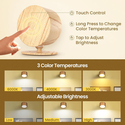 3 3 360Rotate Bedside,Wood-2 Pack Wall Mounted Lamp LED Wall Lights with Rechargeable Battery Operated, Color