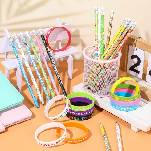 Sabary 48 Pcs Back to School Pencils, Silicone Bracelets Set, Classroom Reward Party Supplies for Kids